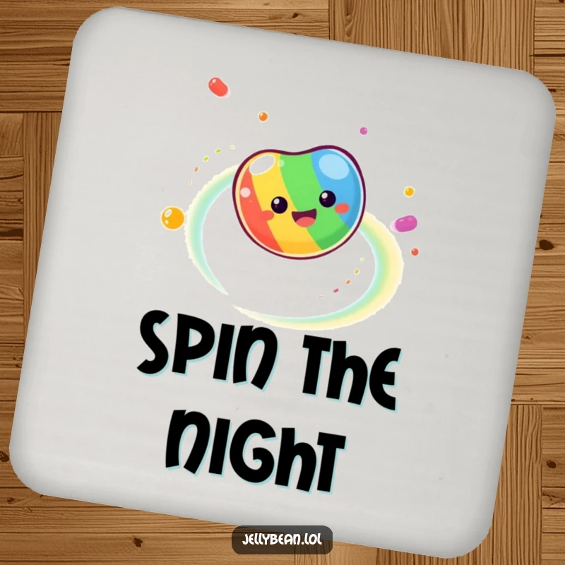 Funny Coaster shows a dizzy jelly bean spinning rapidly, leaving a trail of rainbow colors, adding a vibrant, fun touch.