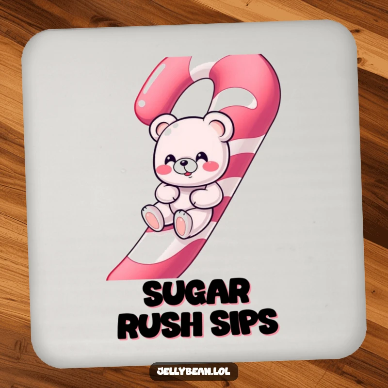 Funny giggling gummy bear character sliding down a giant candy cane on a set of protective drink coasters.