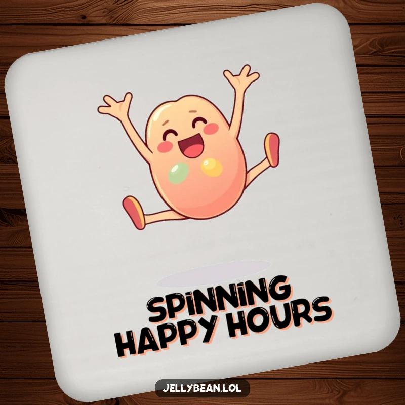 Funny Drink Coasters: An anthropomorphic jelly bean character performs a cartwheel with joy. Perfect for protecting surfaces with cute and funny designs.