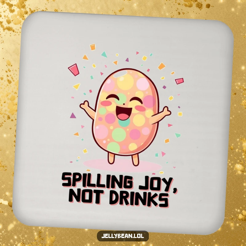 Funny drink coasters featuring a wobbly jelly bean character laughing amidst a colorful explosion of confetti, adding a touch of humor to surfaces.