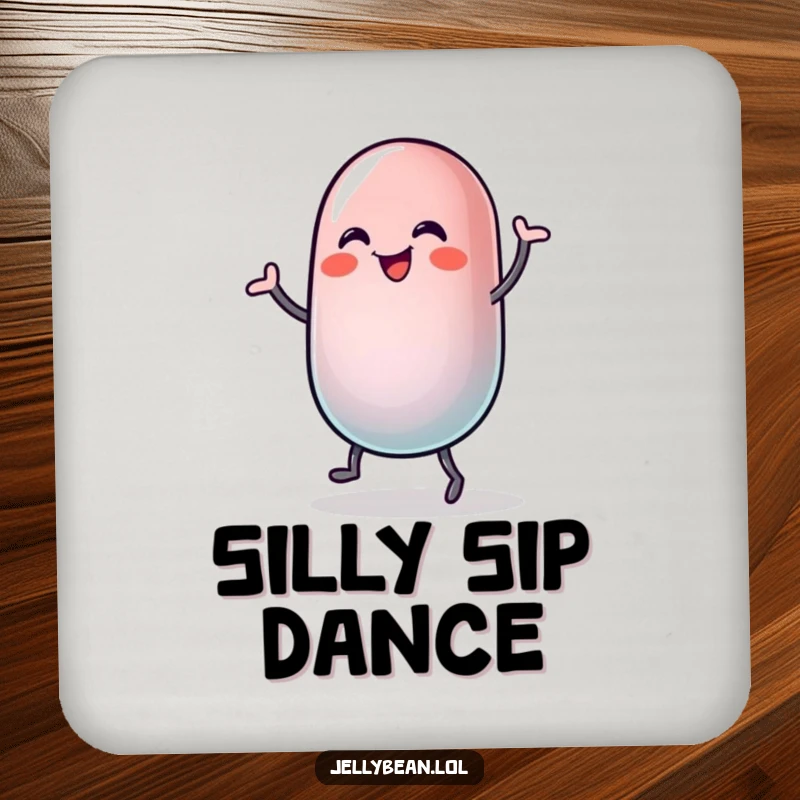 Funny drink coaster with a jelly bean character doing a silly, joyful dance, its body wobbling with pure happiness.