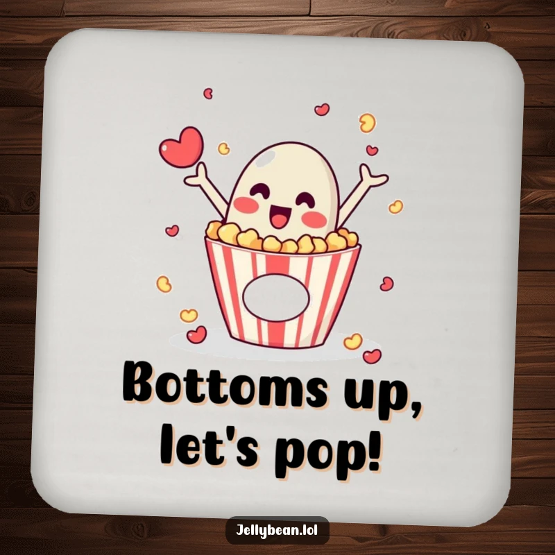 Funny drink coaster with a jelly bean character popping out of a popcorn box, offering playful protection for surfaces.