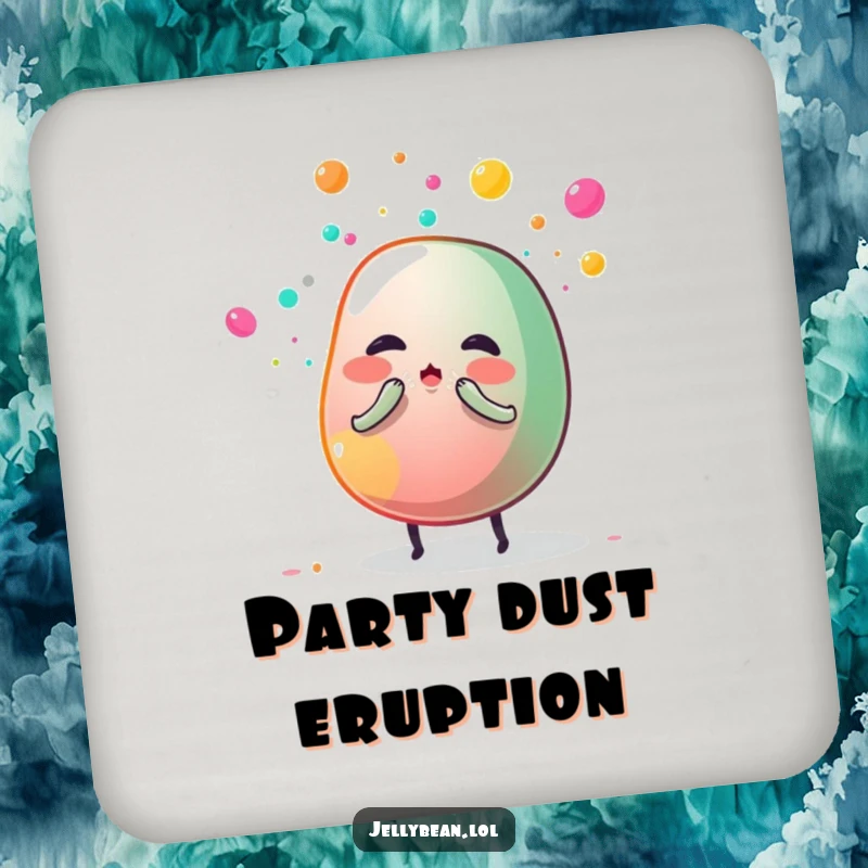 Funny drink coaster featuring a jelly bean character sneezing colorful sugar dust, adding a humorous and decorative touch to any beverage setting.