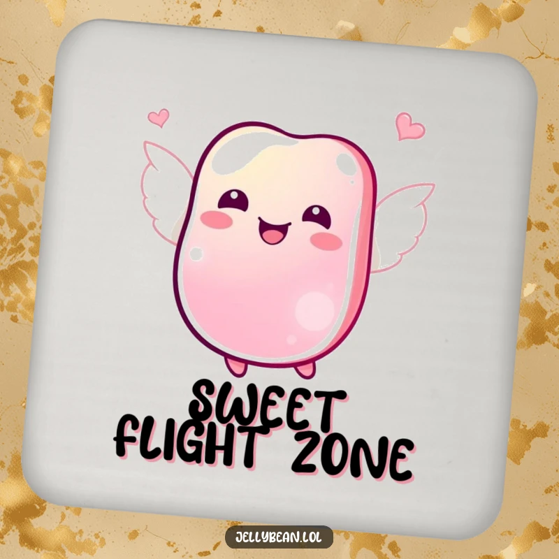 Funny coaster depicting a jubilant jelly bean with tiny wings joyfully fluttering, a charming and humorous accessory.