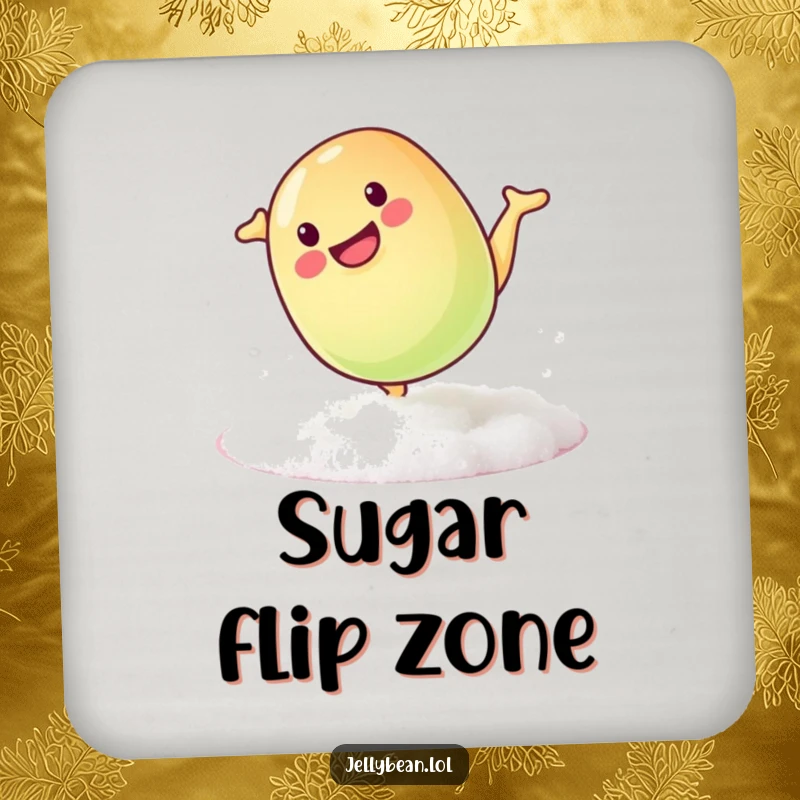 Funny coaster depicting a mischievous jelly bean doing a playful somersault on a sugary surface, a charming and humorous accessory.