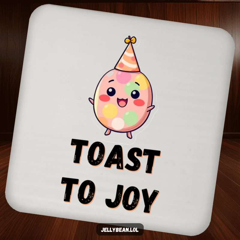Funny jelly bean coasters featuring a delighted character in a party hat, protecting surfaces with humor, a charming and practical funny gift set.
