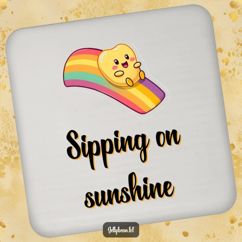 Funny coaster featuring an anthropomorphic jelly bean character enjoying a playful slide down a colorful, magical rainbow.
