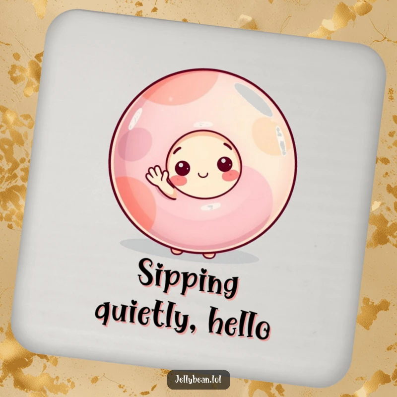 Funny drink coasters featuring a shy jelly bean character peeking from behind a large gumdrop, offering a small, gentle wave to protect surfaces.