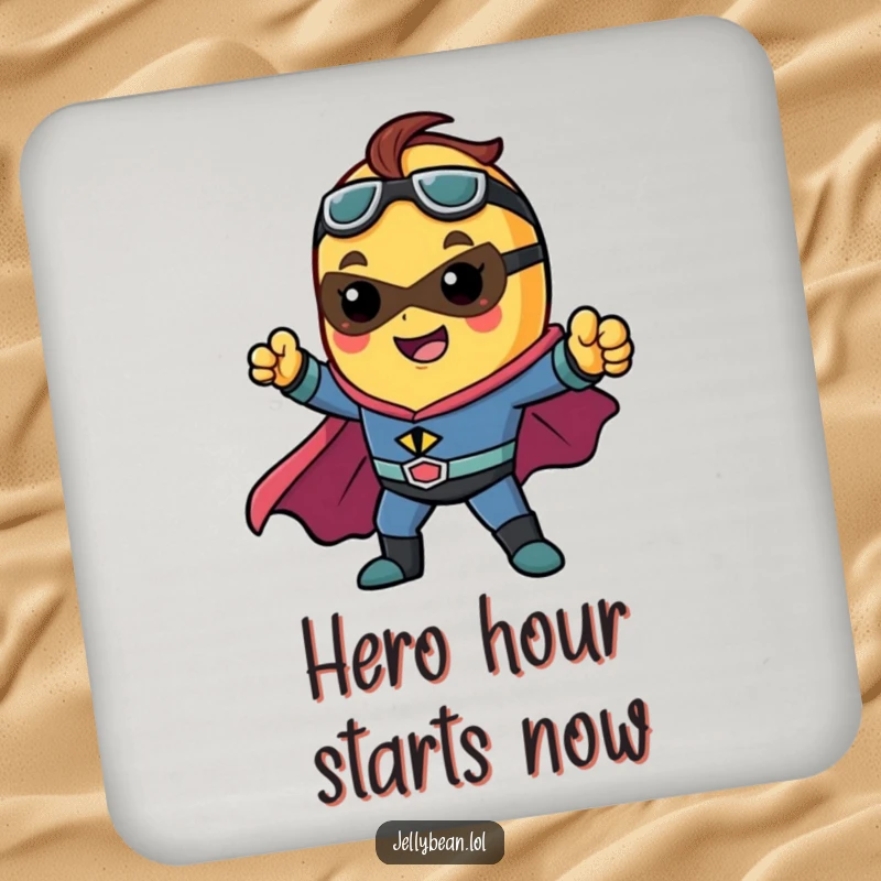 Funny drink coaster with a jelly bean character as a superhero, striking a dynamic pose, offering protective power.