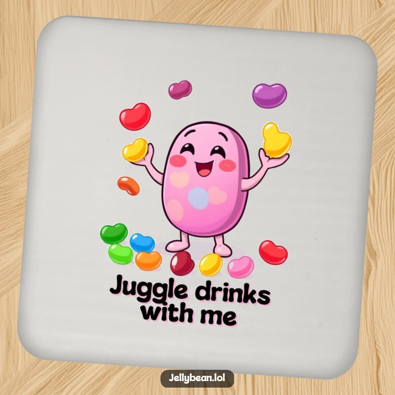 Funny drink coasters featuring a cheerful jelly bean character gleefully juggling smaller, colorful jelly beans, adding a playful touch to surfaces.