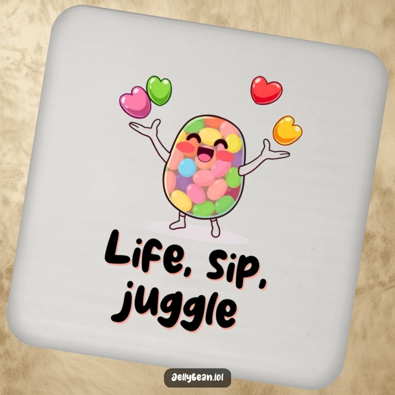 Funny Drink Coasters: An anthropomorphic jelly bean character juggles smaller jelly beans skillfully. Perfect for protecting surfaces with cute and funny designs.