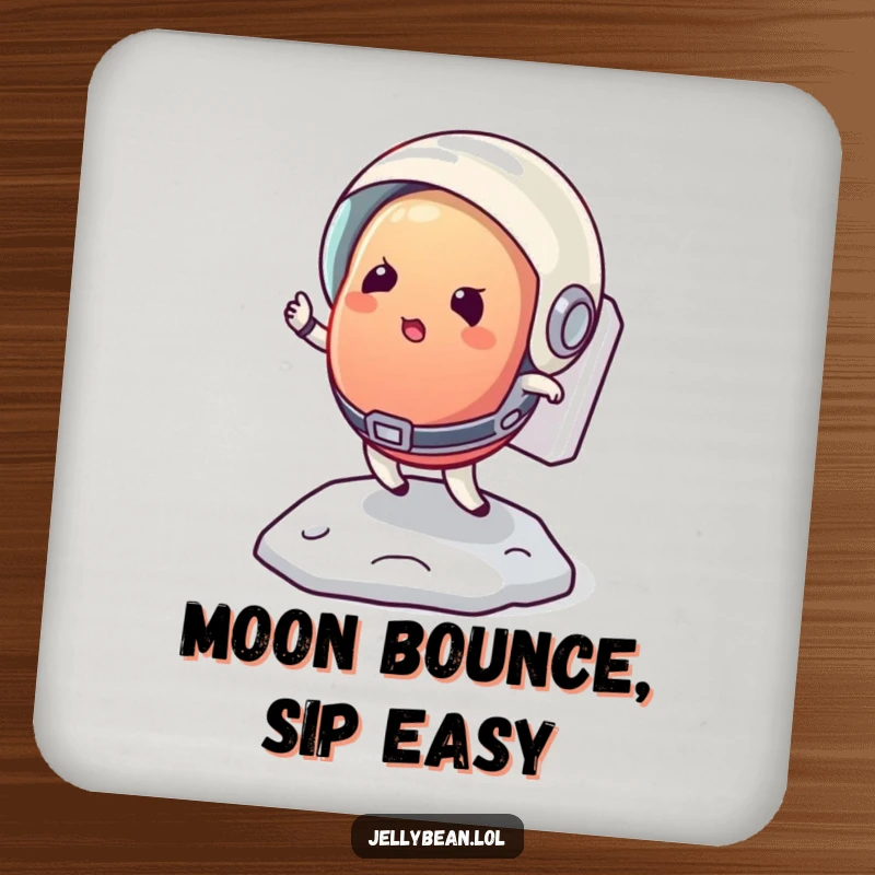 Funny coaster depicting a determined jelly bean astronaut attempting a bounce on the moon, a humorous space accessory.
