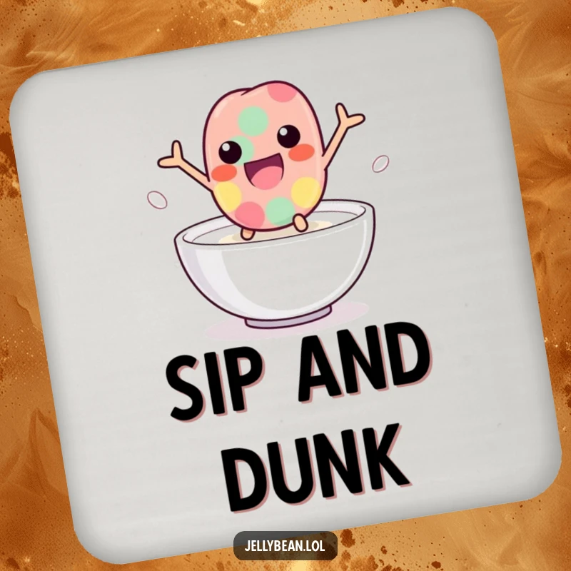 Funny jelly bean coasters featuring a playful character leaping into milk, protecting surfaces with humor, a charming and practical funny gift set.