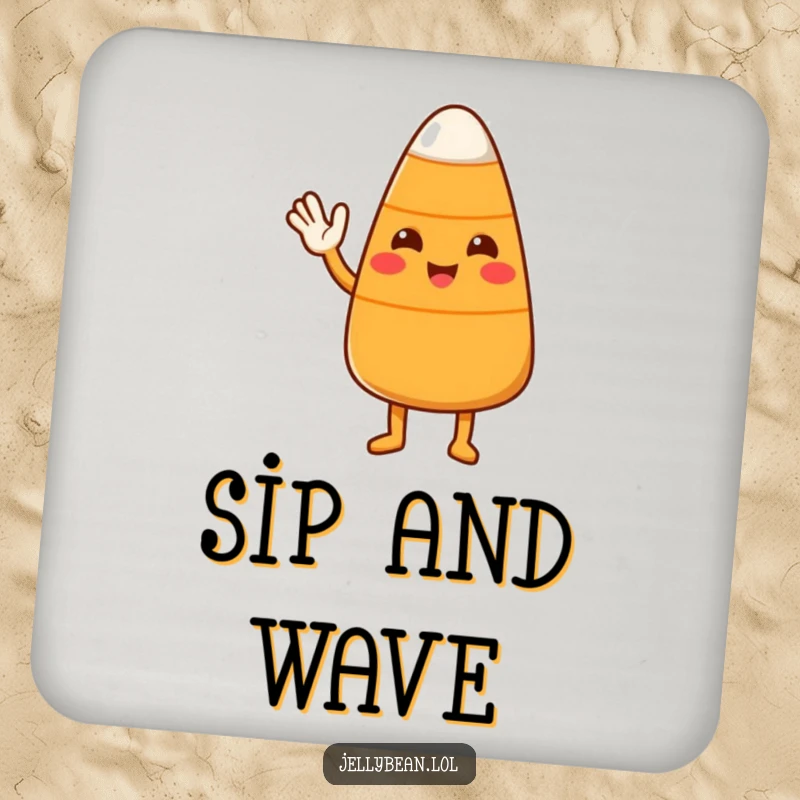 Funny Candy Corn Coaster featuring a cute character waving hello, perfect for adding a friendly and humorous touch to surfaces.