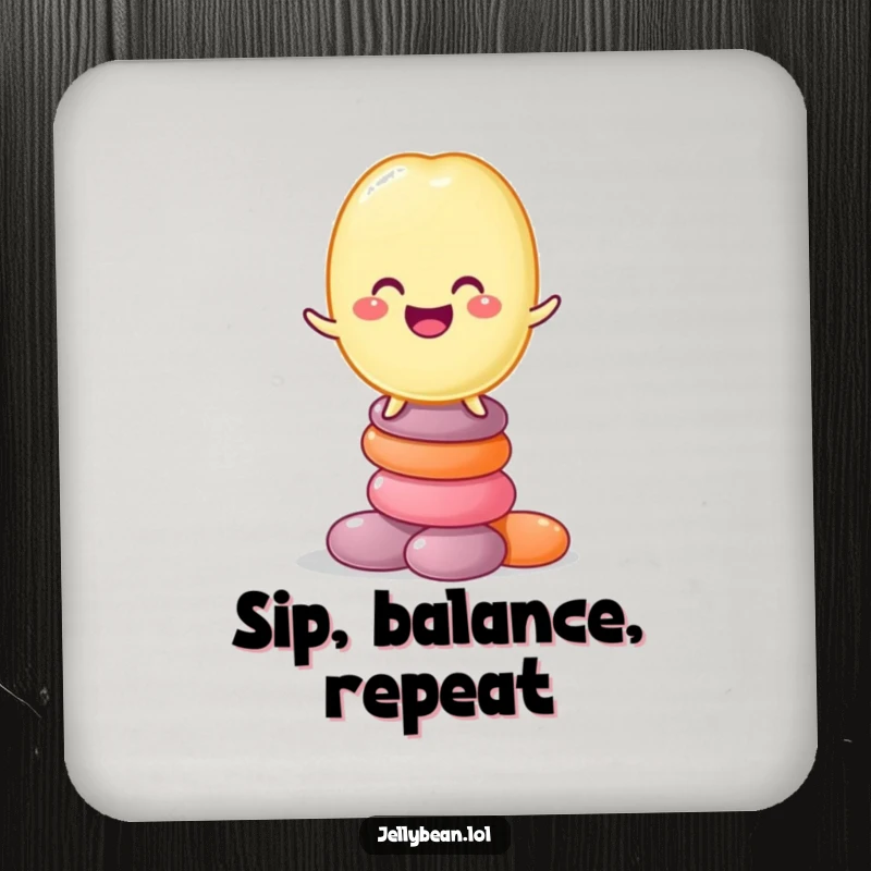 Funny coaster featuring a grinning jelly bean balancing on a candy stack, protecting surfaces with a touch of sweet, whimsical humor.
