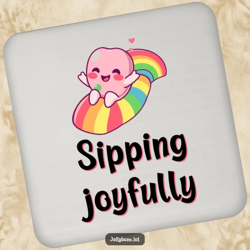 A set of coasters featuring a funny jelly bean character joyfully sliding down a rainbow, adding cheerful protection.