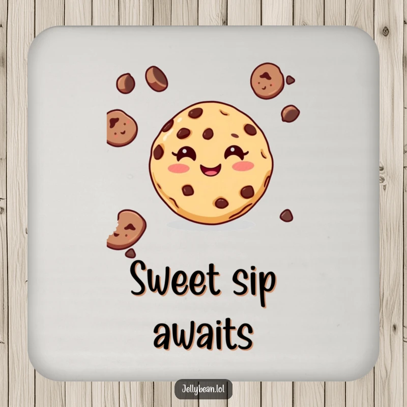 Funny drink coaster with a delighted chocolate chip cookie and a big grin, protecting surfaces with sweet, cheerful style.