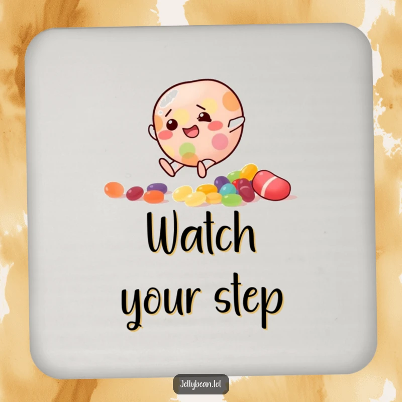 Funny Coaster featuring a jelly bean character comically slipping on scattered candy, adding a humorous touch to surfaces.