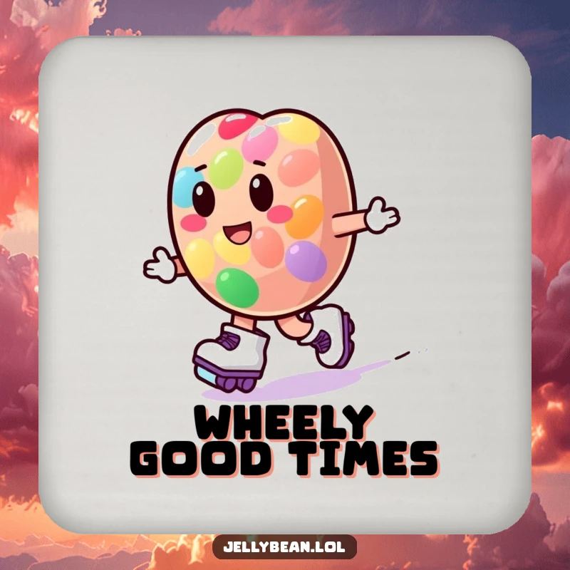 A set of coasters featuring a funny jelly bean character wearing roller skates and zooming playfully, adding fun to drinks.