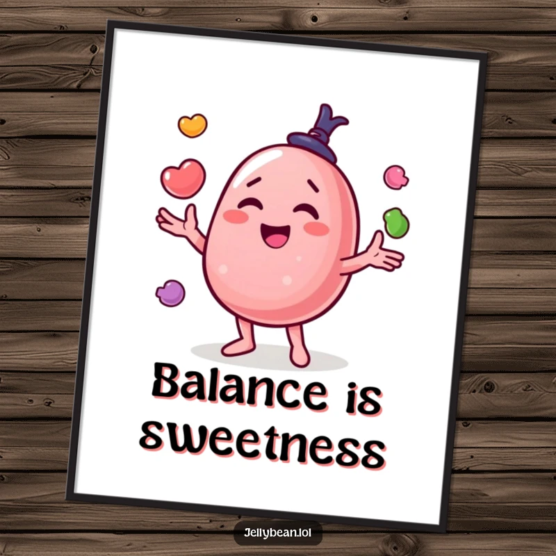 Funny poster featuring a happy jelly bean character juggling multiple candies with impressive skill and a joyful expression.