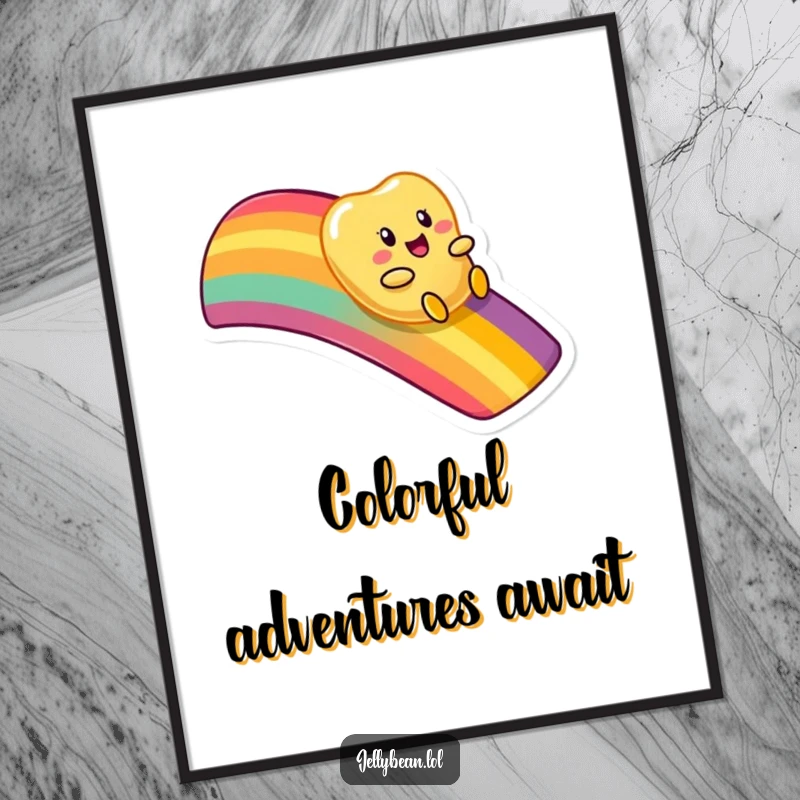Funny poster art of an anthropomorphic jelly bean character gleefully sliding down a vivid, enchanting rainbow.