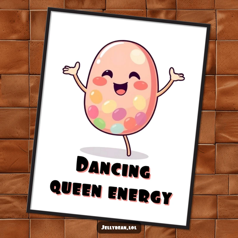 Funny Jelly Bean Poster illustrating a cheerful character in a vibrant happy dance, designed to bring laughter and color.