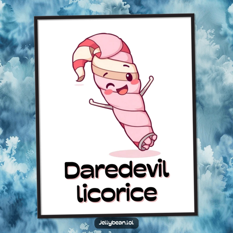 Funny poster art of a happy licorice whip character engaged in a comical, silly stunt, creating a humorous and energetic display.