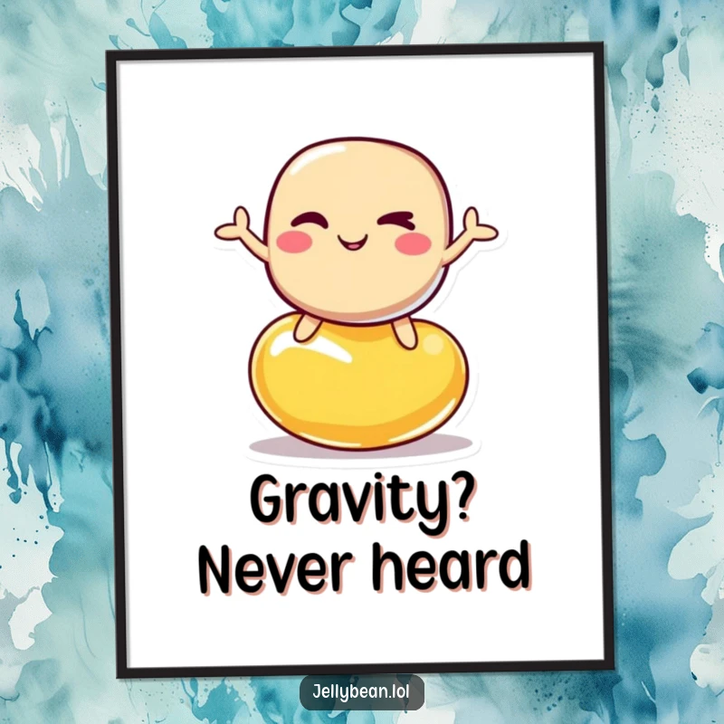 Funny poster art of a jelly bean character giving a wink while balancing on another jelly bean, a whimsical wall decoration.