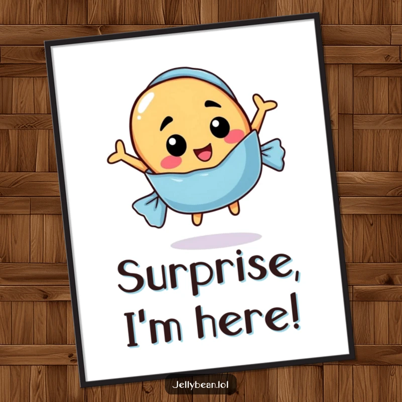 Funny poster art of a jelly bean with a funny face jumping out of a candy wrapper, bringing cheerful vibes.