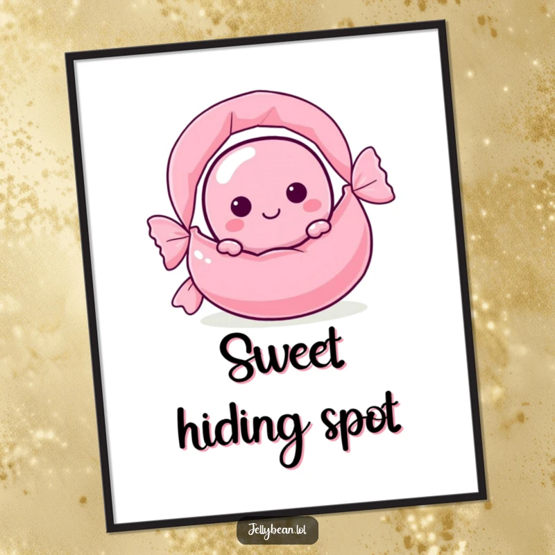 Funny jelly bean character peeking from behind a giant candy wrapper, creating a whimsical and humorous poster art.