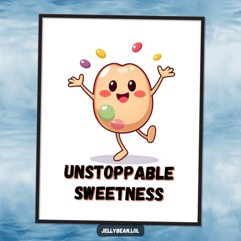 Funny poster of a smiley jelly bean character doing a cartwheel with segments flying off, capturing dynamic, humorous energy. An excellent funny gift.