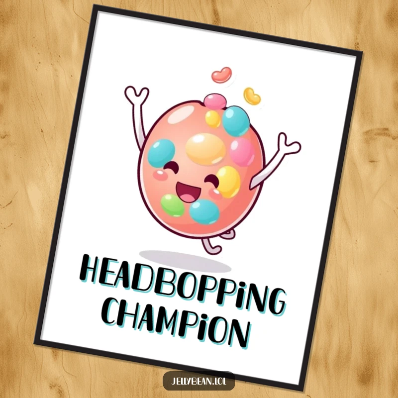 Funny poster showcasing a vibrant anthropomorphic jelly bean character joyfully bouncing on its head, bringing animated humor to any wall.