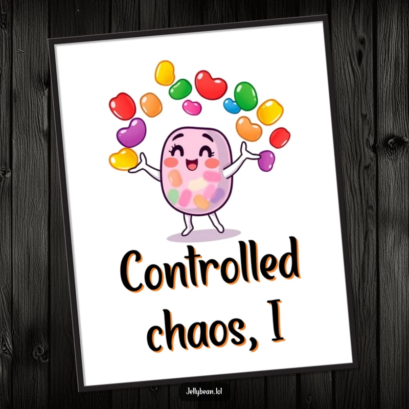 Funny jelly bean character masterfully juggling many vibrant jelly beans, creating a cheerful and energetic poster art.