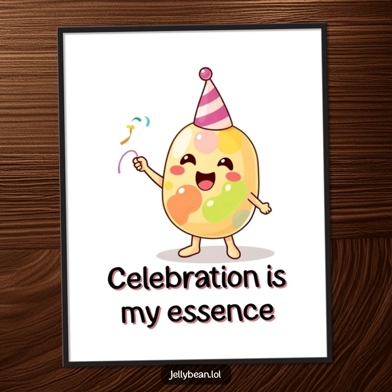 Funny Poster illustrating a beaming jelly bean character excitedly launching a small party streamer, capturing a moment of pure festive delight.