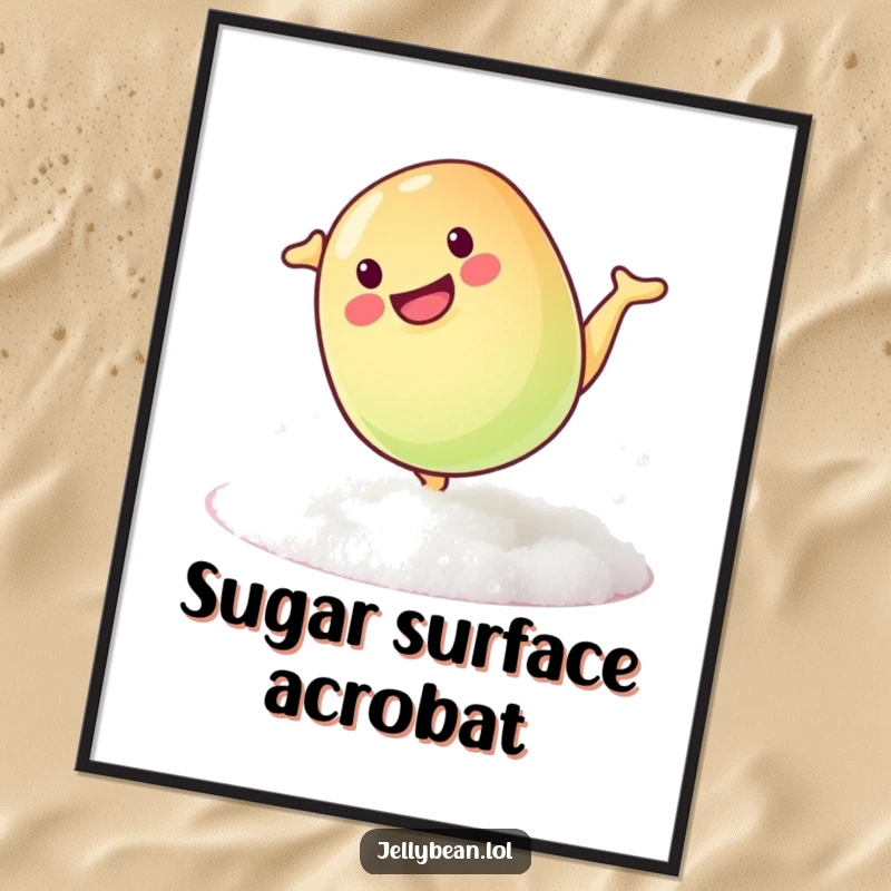Funny poster of a mischievous jelly bean doing a playful somersault on a sugary surface, conveying fun and energy.