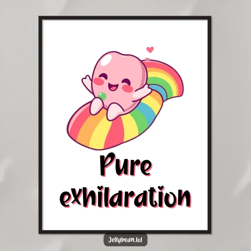 Funny jelly bean character in mid-slide down a spectacular rainbow, creating a vibrant and joyful poster.