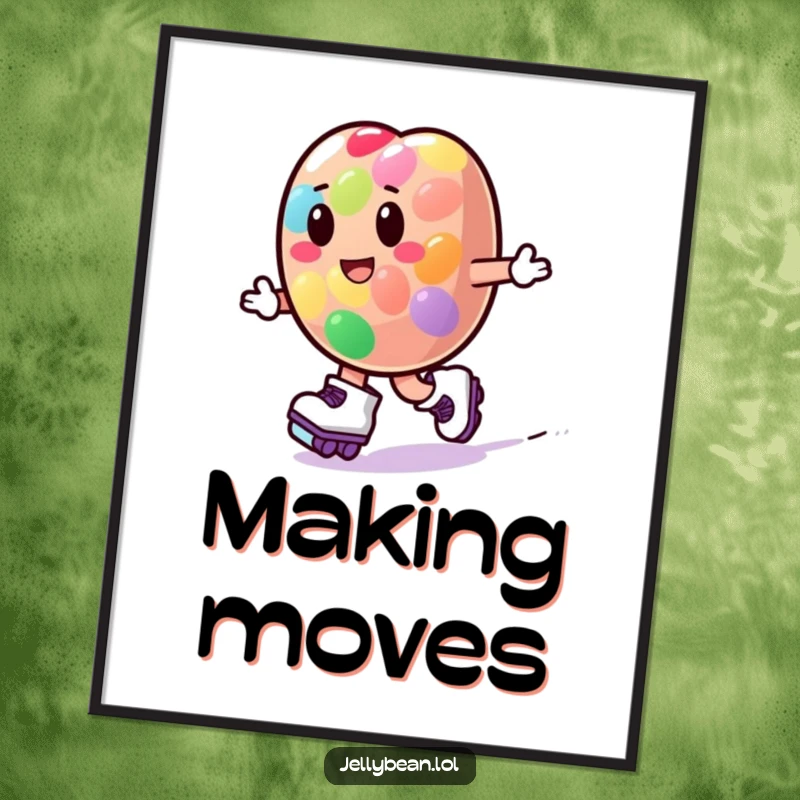 Funny jelly bean character wearing roller skates, depicted mid-zoom with playful energy on a vibrant poster.