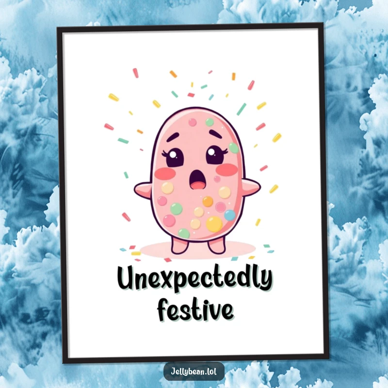 Funny poster showcasing a jelly bean character with wide eyes of surprise as a cascade of confetti falls around it.