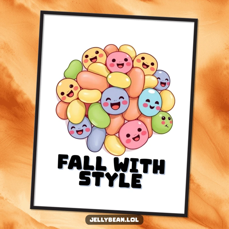 Funny tumbling jelly beans poster of a cluster of jelly beans with joyful expressions, tumbling, creating vibrant and humorous candy wall art.