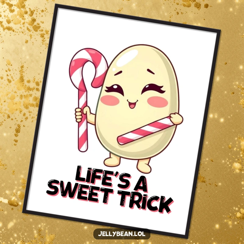 Funny Poster: An anthropomorphic jelly bean character winks enthusiastically, holding a candy cane cane, adding playful charm to wall art.