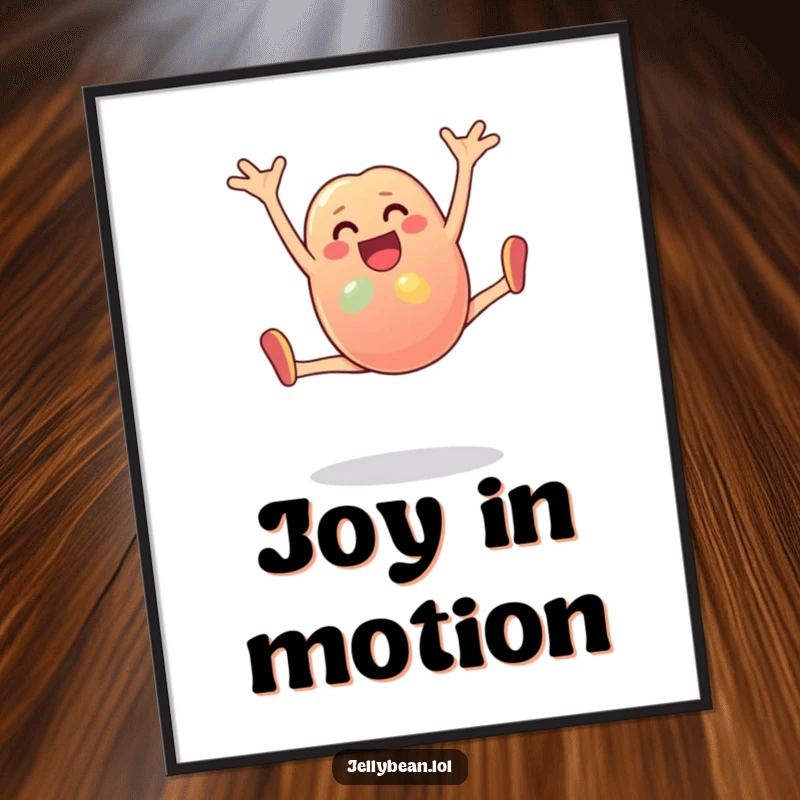 Funny Poster: An energetic anthropomorphic jelly bean does a cartwheel with pure joy. Great wall art for lovers of funny and whimsical illustrations.