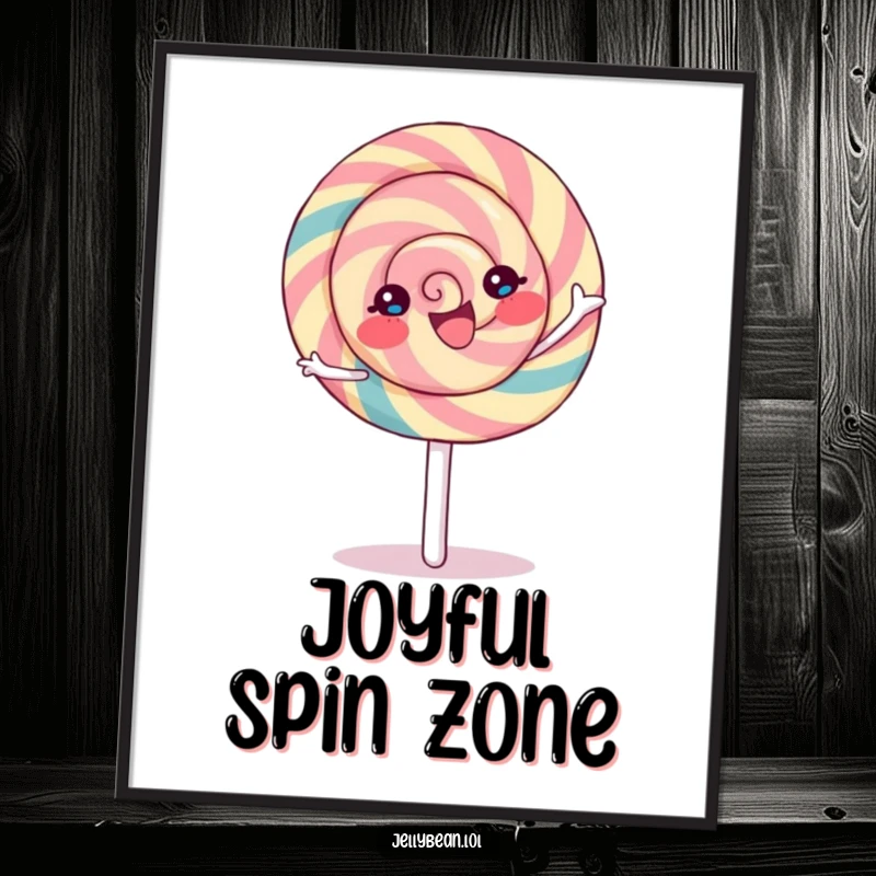 Funny Lollipop Poster depicting a joyful character in a vibrant spin, designed to add cheerful, sweet energy to any space.