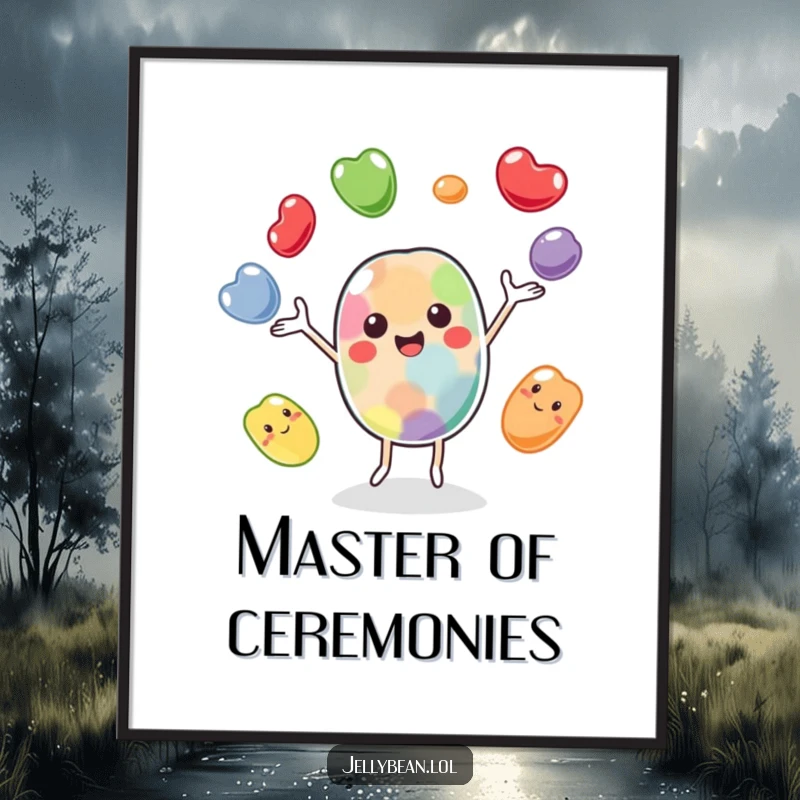 Funny poster showcasing a cheerful jelly bean character juggling its bean companions, adding a vibrant and humorous focal point to any room.