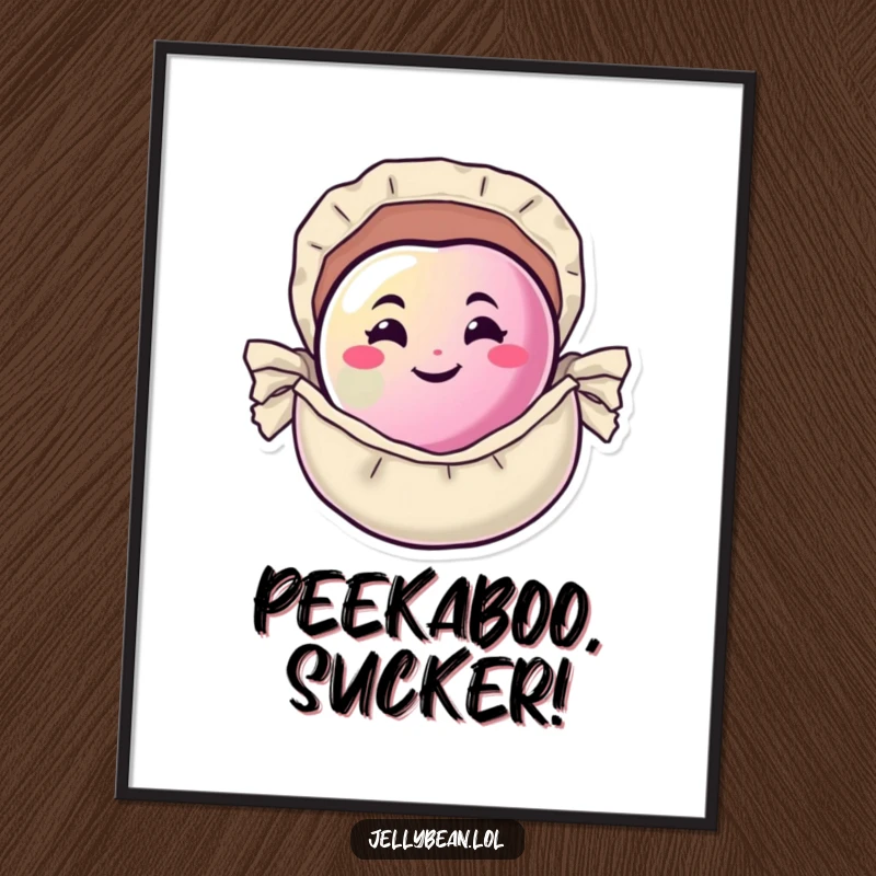 Funny Poster of a happy jelly bean with a mischievous grin, peeking out from its small candy wrapper, adding a humorous touch.