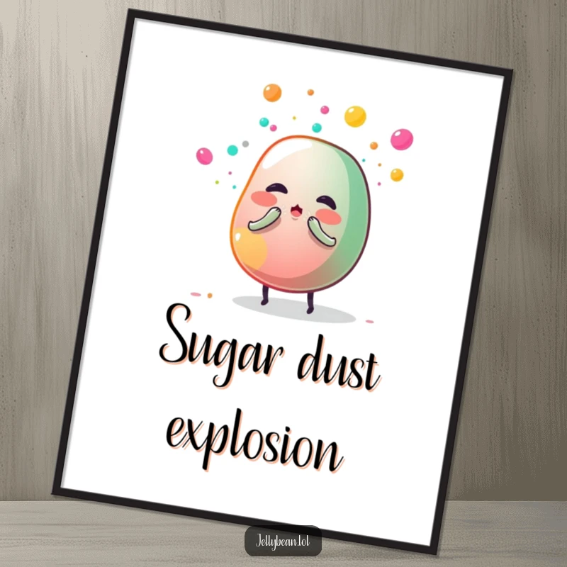 Funny poster of an anthropomorphic jelly bean character sneezing a dazzling cloud of colorful sugar dust, a whimsical and humorous art piece.