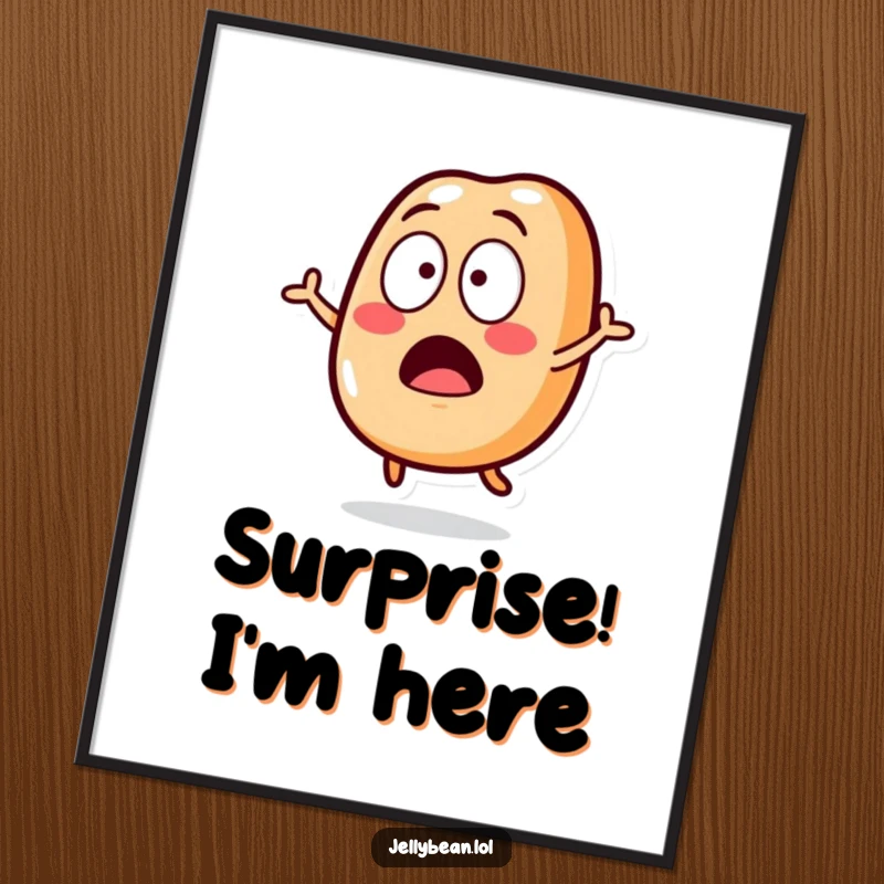 Funny Poster showcasing a jelly bean character in a surprised leap, wide-eyed and comical, adding a theatrical element.