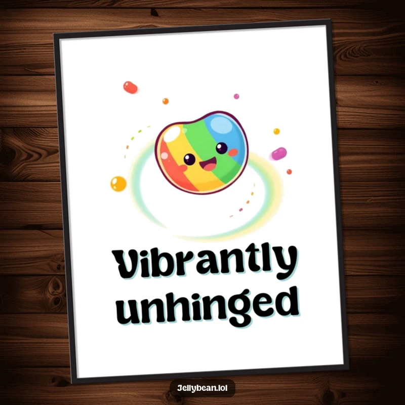Funny Poster illustrating a dizzy jelly bean spinning rapidly, leaving a spectacular, vibrant trail of rainbow colors across the space.