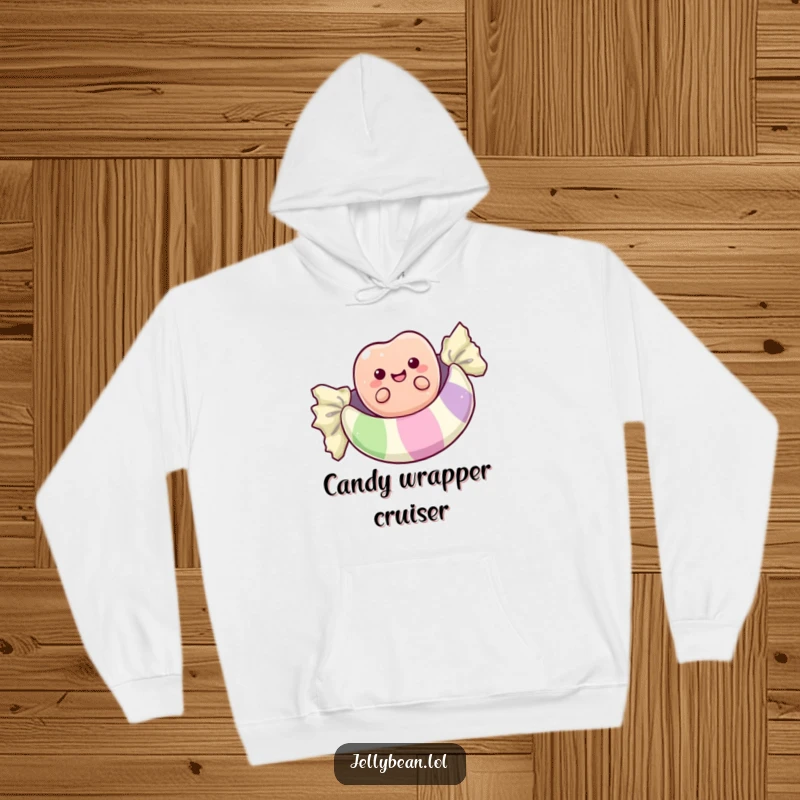Funny hoodie depicting a happily floating anthropomorphic jelly bean on a giant candy wrapper, offering comfort and contagious humor.