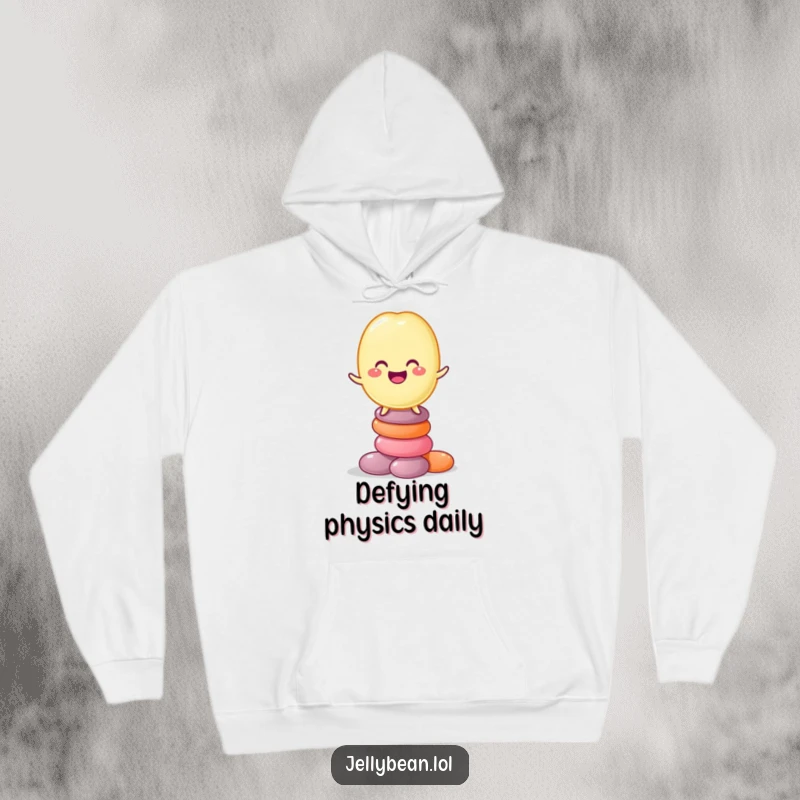 Funny hoodie illustrating a happy jelly bean character balancing on a Jenga-like tower of candies, perfect for cozy, humorous wear.