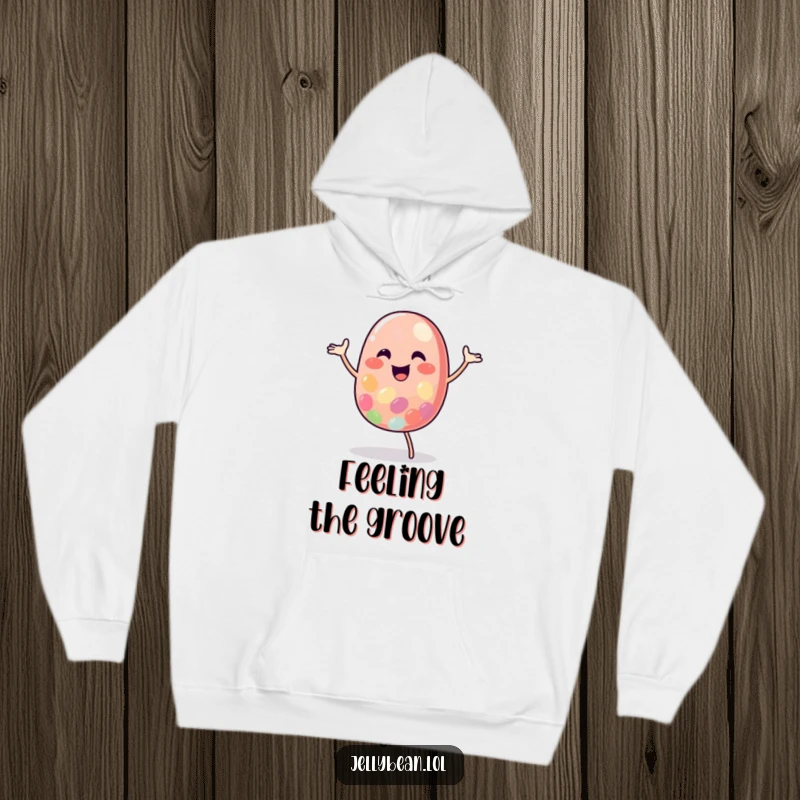 Funny Jelly Bean Hoodie showcasing a delightful character in a jubilant happy dance pose, perfect for cozy laughs.